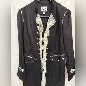 Black Long 100% Linen Jacket Pearl Buttons Lace Accent very unique! L33 P2P 18.5